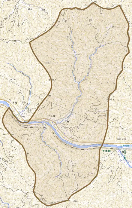 上岡とその周辺の地図。町の範囲を重ねている