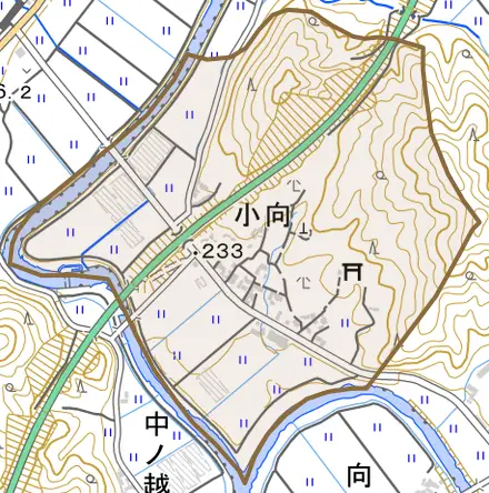 小向とその周辺の地図。町の範囲を重ねている
