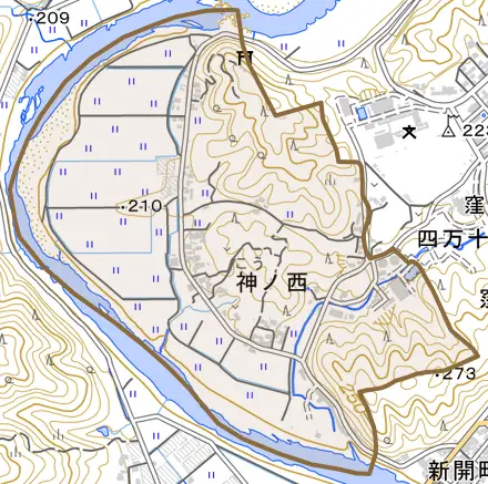 神ノ西とその周辺の地図。町の範囲を重ねている