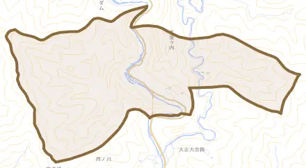 木屋ケ内とその周辺の地図。町の範囲を重ねている