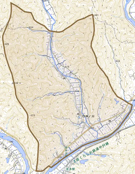 口神ノ川とその周辺の地図。町の範囲を重ねている
