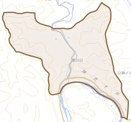 南川口とその周辺の地図。町の範囲を重ねている