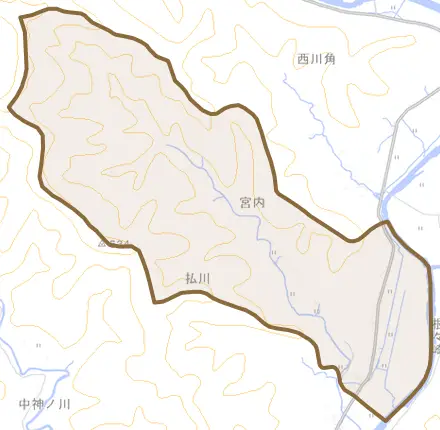 宮内とその周辺の地図。町の範囲を重ねている