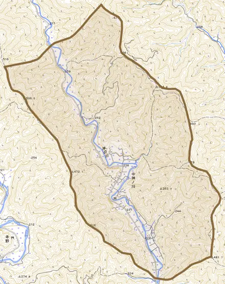 中神ノ川とその周辺の地図。町の範囲を重ねている
