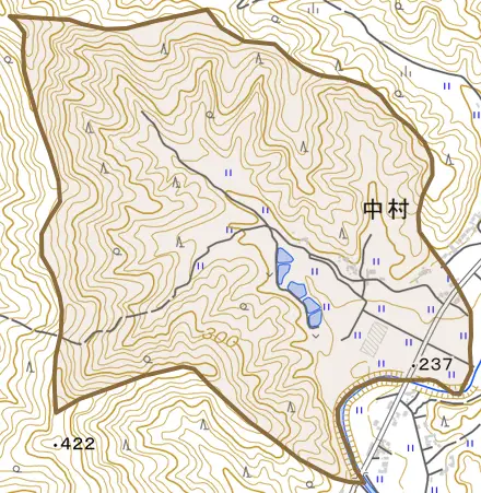 中村とその周辺の地図。町の範囲を重ねている