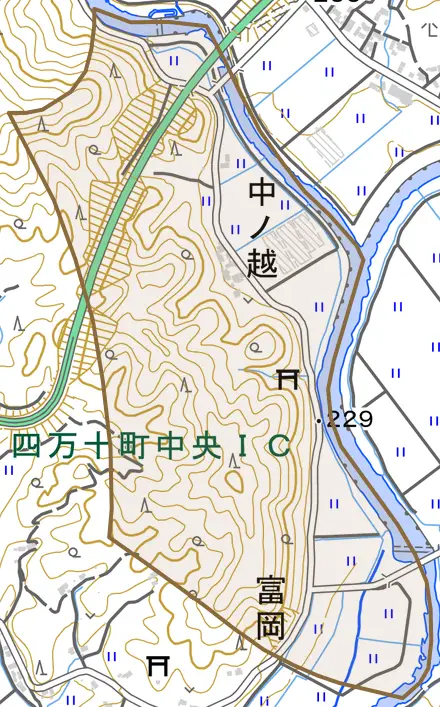 中ノ越とその周辺の地図。町の範囲を重ねている