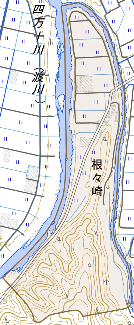 根々崎とその周辺の地図。町の範囲を重ねている