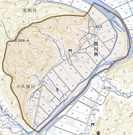 西川角とその周辺の地図。町の範囲を重ねている