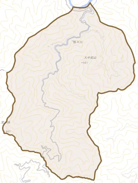 野々川とその周辺の地図。町の範囲を重ねている