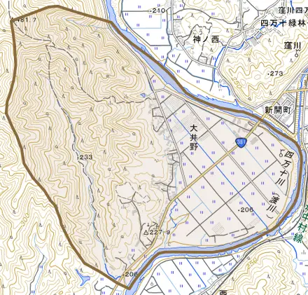 大井野とその周辺の地図。町の範囲を重ねている