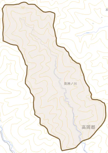 奥神ノ川とその周辺の地図。町の範囲を重ねている