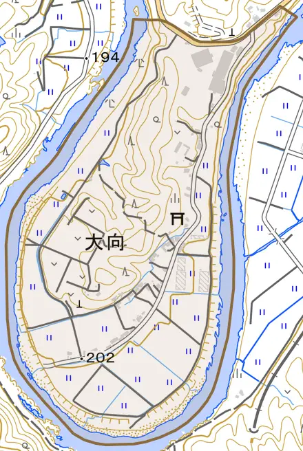 大向とその周辺の地図。町の範囲を重ねている