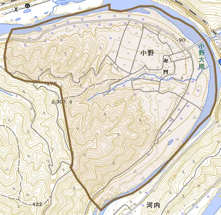 小野とその周辺の地図。町の範囲を重ねている