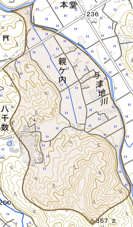親ケ内とその周辺の地図。町の範囲を重ねている