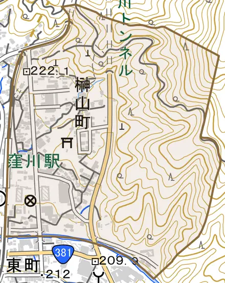榊山町とその周辺の地図。町の範囲を重ねている
