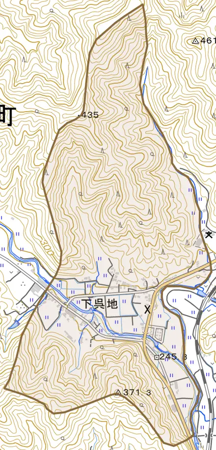 下呉地とその周辺の地図。町の範囲を重ねている