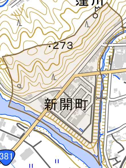 新開町とその周辺の地図。町の範囲を重ねている