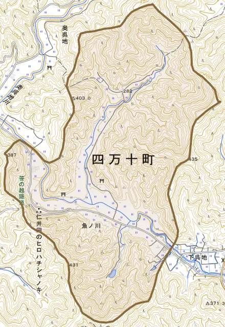 魚ノ川とその周辺の地図。町の範囲を重ねている