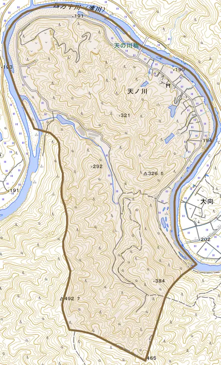 天ノ川とその周辺の地図。町の範囲を重ねている