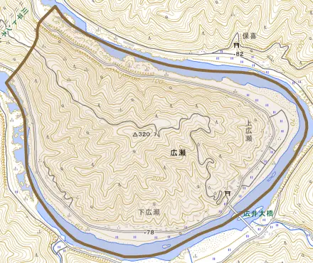 広瀬とその周辺の地図。町の範囲を重ねている