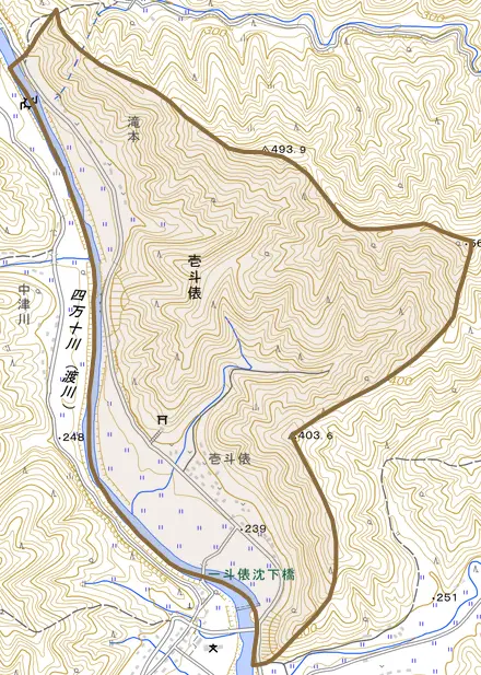 壱斗俵とその周辺の地図。町の範囲を重ねている