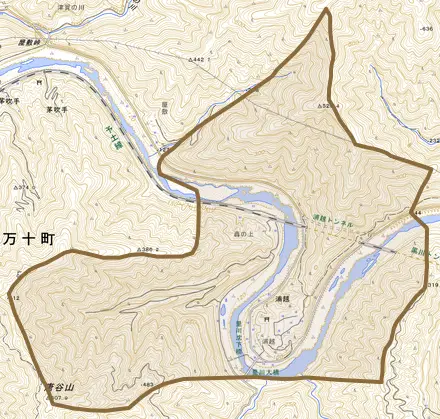 浦越とその周辺の地図。町の範囲を重ねている