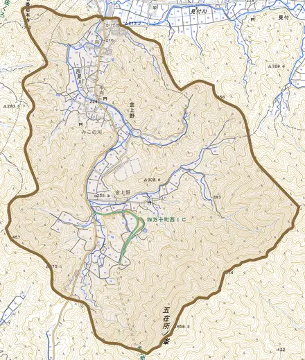 金上野とその周辺の地図。町の範囲を重ねている
