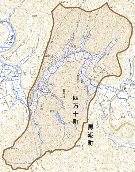 若井川とその周辺の地図。町の範囲を重ねている