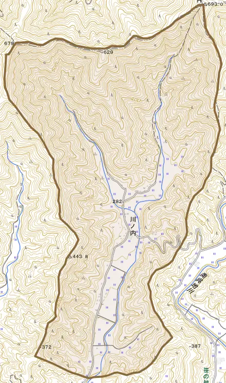 川ノ内とその周辺の地図。町の範囲を重ねている