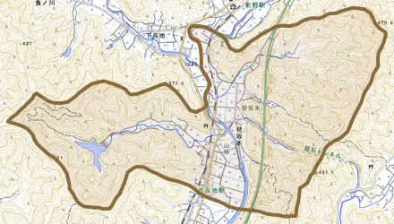 替坂本とその周辺の地図。町の範囲を重ねている