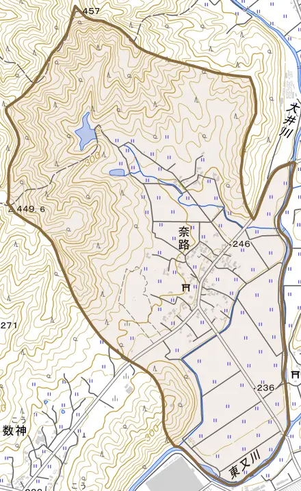 奈路とその周辺の地図。町の範囲を重ねている