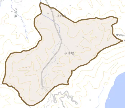 与津地とその周辺の地図。町の範囲を重ねている