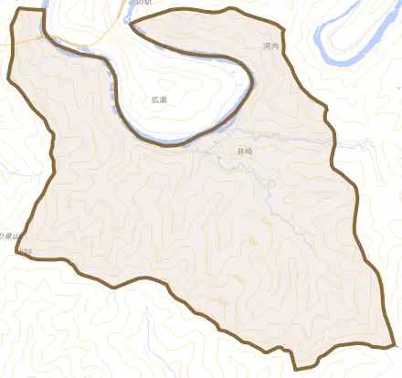 井﨑とその周辺の地図。町の範囲を重ねている