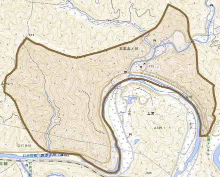 大正北ノ川とその周辺の地図。町の範囲を重ねている