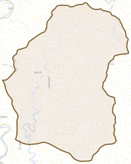 大正中津川とその周辺の地図。町の範囲を重ねている