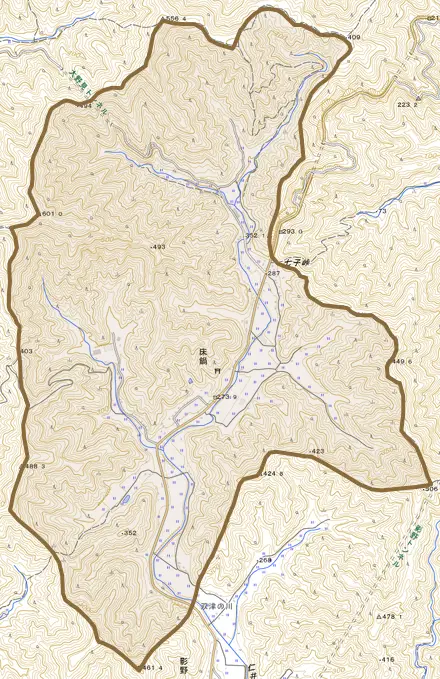 床鍋とその周辺の地図。町の範囲を重ねている