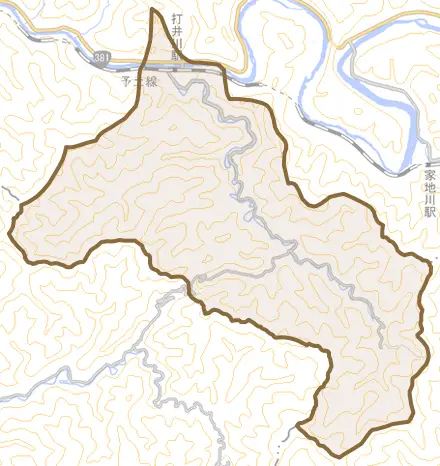 打井川とその周辺の地図。町の範囲を重ねている