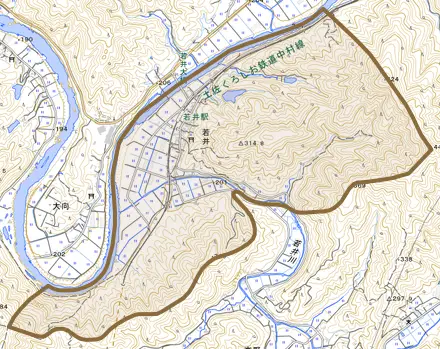 若井とその周辺の地図。町の範囲を重ねている