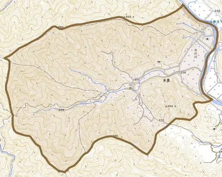 米奥とその周辺の地図。町の範囲を重ねている