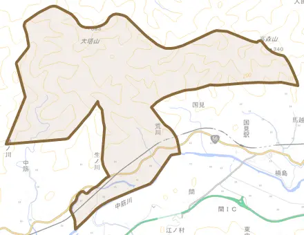 荒川とその周辺の地図。町の範囲を重ねている