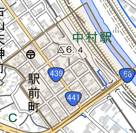 駅前町とその周辺の地図。町の範囲を重ねている