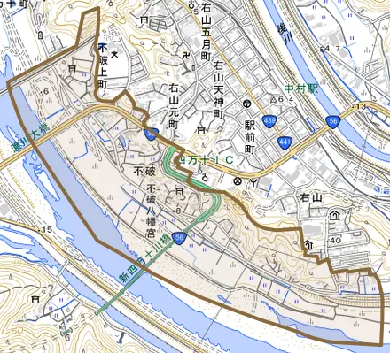 不破とその周辺の地図。町の範囲を重ねている