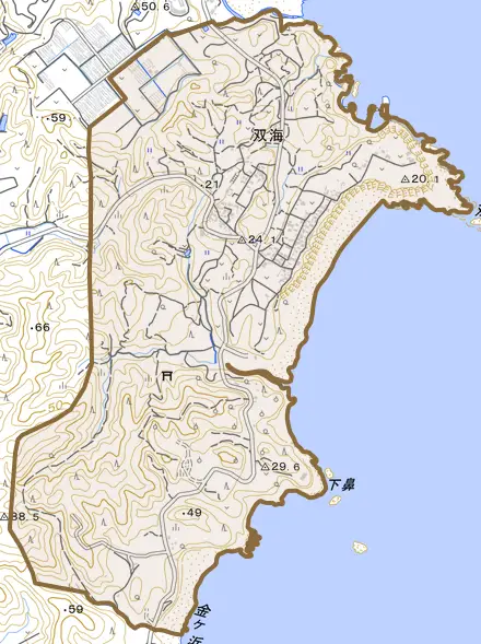 双海とその周辺の地図。町の範囲を重ねている