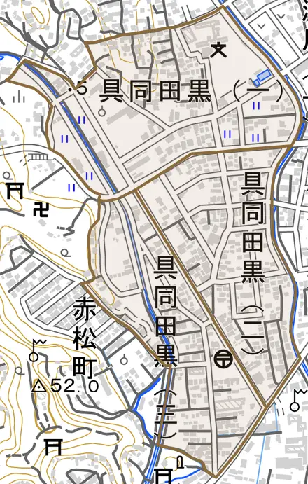 具同田黒とその周辺の地図。町の範囲を重ねている