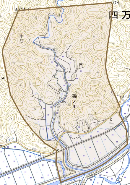 磯ノ川とその周辺の地図。町の範囲を重ねている
