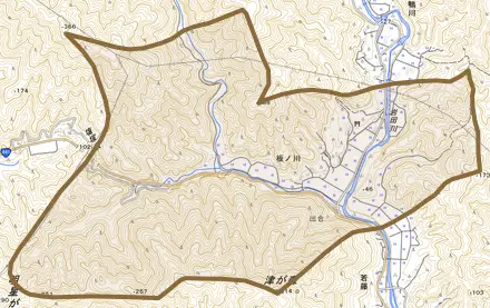 板ノ川とその周辺の地図。町の範囲を重ねている
