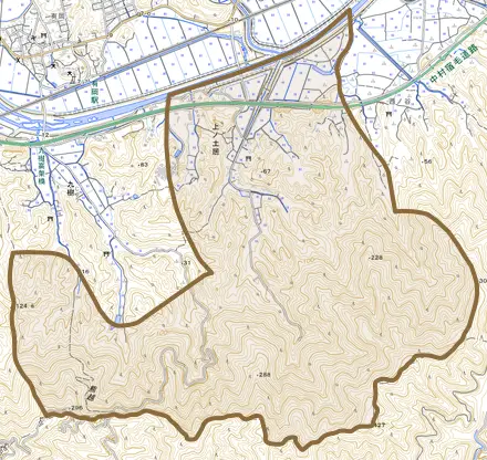 上ノ土居とその周辺の地図。町の範囲を重ねている