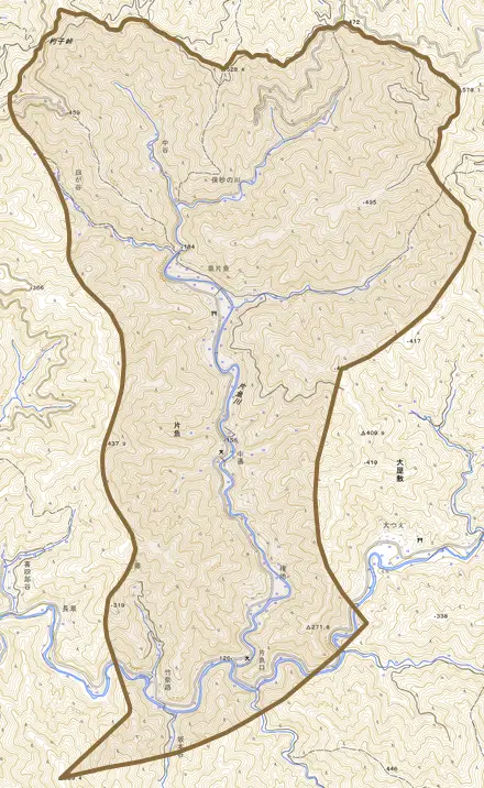 片魚とその周辺の地図。町の範囲を重ねている