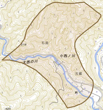 小西ノ川とその周辺の地図。町の範囲を重ねている