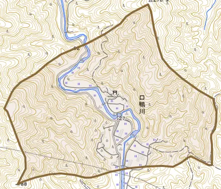 口鴨川とその周辺の地図。町の範囲を重ねている